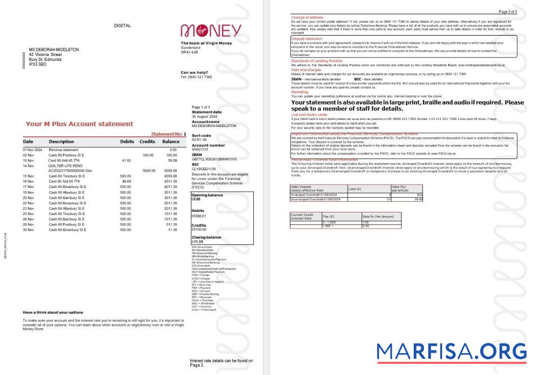 Realistic United Kingdom Virgin Money bank statement word 3 pages example